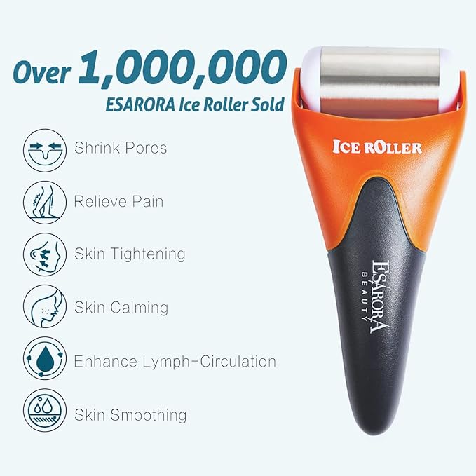 ESARORA Ice Roller for Face & Eye, Puffiness, Migraine, Pain Relief and Minor Injury, Skin Care Products - Black Orange (1 Plastic Roller & 1 Stainless Steel Roller)-Velvo Beauty