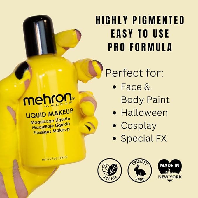 Mehron Makeup Liquid Makeup | Face Paint and Body Paint Perfect for Halloween, Cosplay I Air Brush Compatible 4.5 oz (133 ml) (Yellow)-Velvo Beauty