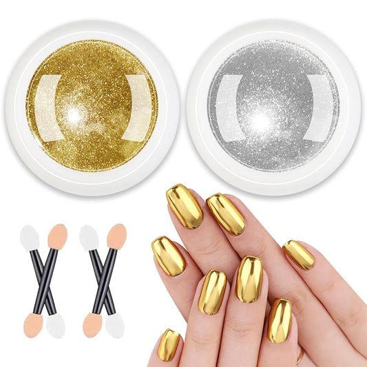 2 Jars Chrome Nail Powder：Mirror Effect Gold Chrome Nail Powder,Metallic Mirror Silver Chrome Powders Decoration for DIY Nail Art,Pigment Holo chrome powder with 4 Eyeshadow Sticks-Velvo Beauty
