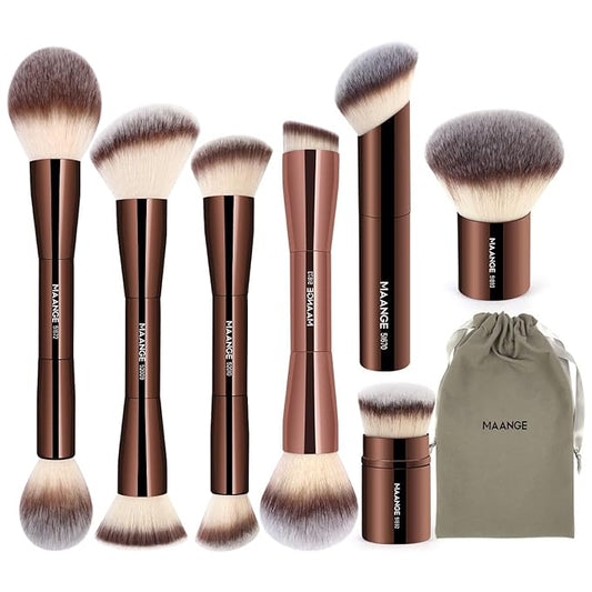 MAANGE 7pcs Makeup Brush Set Double Sided Kabuki Makeup Brushes Contour Brush for Foundation Liquid Powder Concealer Cream Cosmetics Bronzer Blending Blush Buffing Makeup Tools (Coffee)-Velvo Beauty