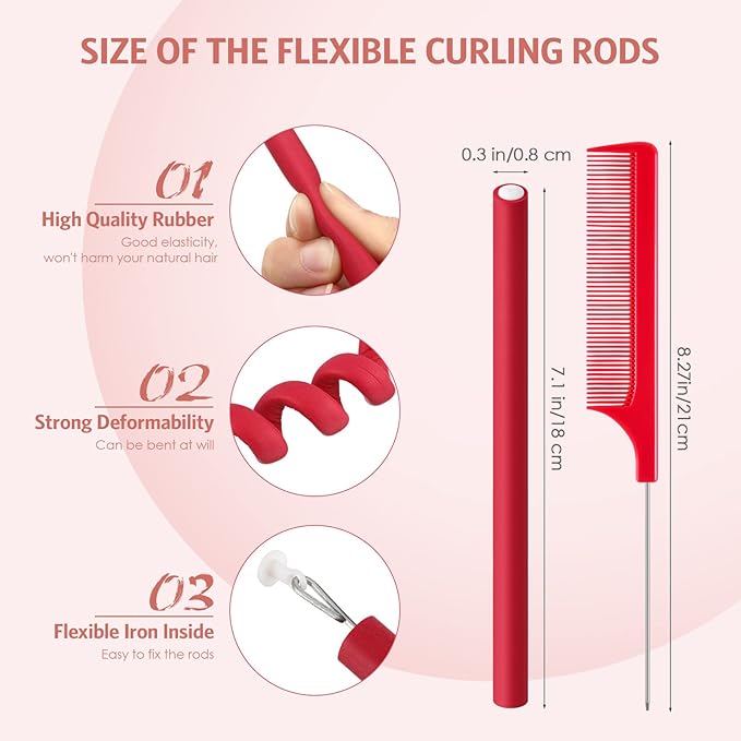 Syhood 30 Pcs 7'' Flexible Curling Rods Twist Foam Hair Rollers Soft Foam No Heat Hair Rods Rollers and 1 Steel Pintail Comb Rat Tail Comb for Women Long Short Hair(Red,7 x 0.3 Inch)-Velvo Beauty
