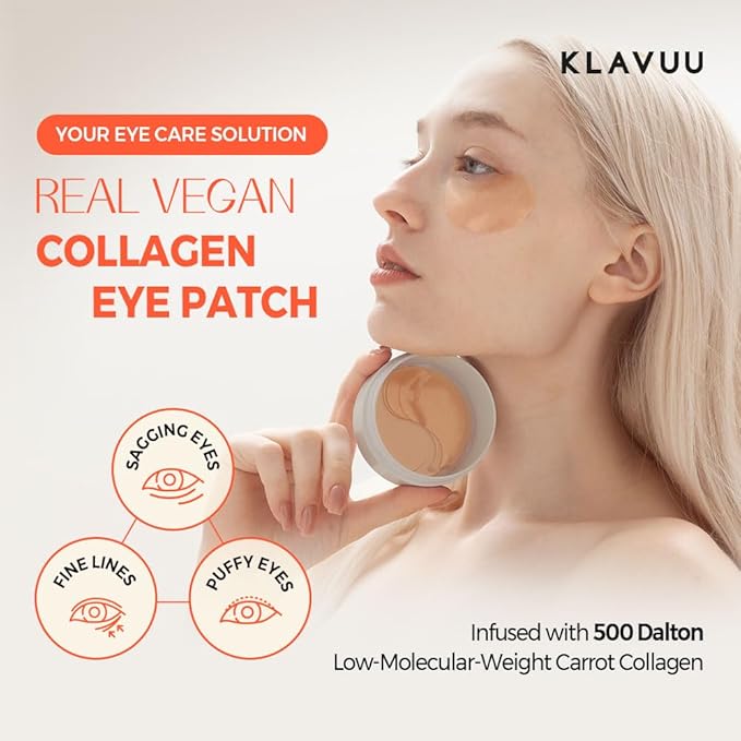 KLAVUU Real Vegan Collagen Eye Patches (60 Patches) - Korean Overnight Under Eye Mask for Puffy, Sagging Eyes, Fine Lines & Wrinkles | Elasticity Boost with Low-Molecular Carrot Collagen (500 Daltons)-Velvo Beauty