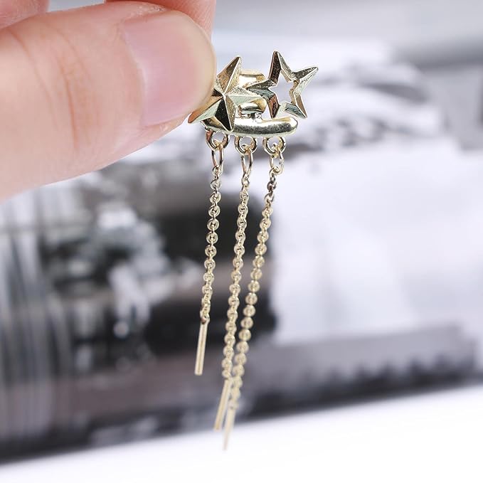 Boho Star Ear Jacket Earrings Gold Thin Bar Tassel Earrings Long Drop Chain Earrings Two Way Double Sided Earrings Jewelry for Women and Girls-Velvo Beauty