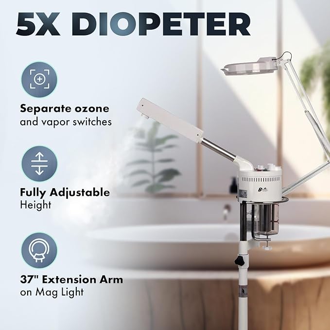 Buy-Rite 2-in-1 Marie Ozone Facial Steamer, 5 Diopter Magnifying Lamp, Fully Adjustable Height, 360' Swivel, Timer and Automatic Shut-Off, Large Star Base with Wheels, MEI-2001A-Velvo Beauty