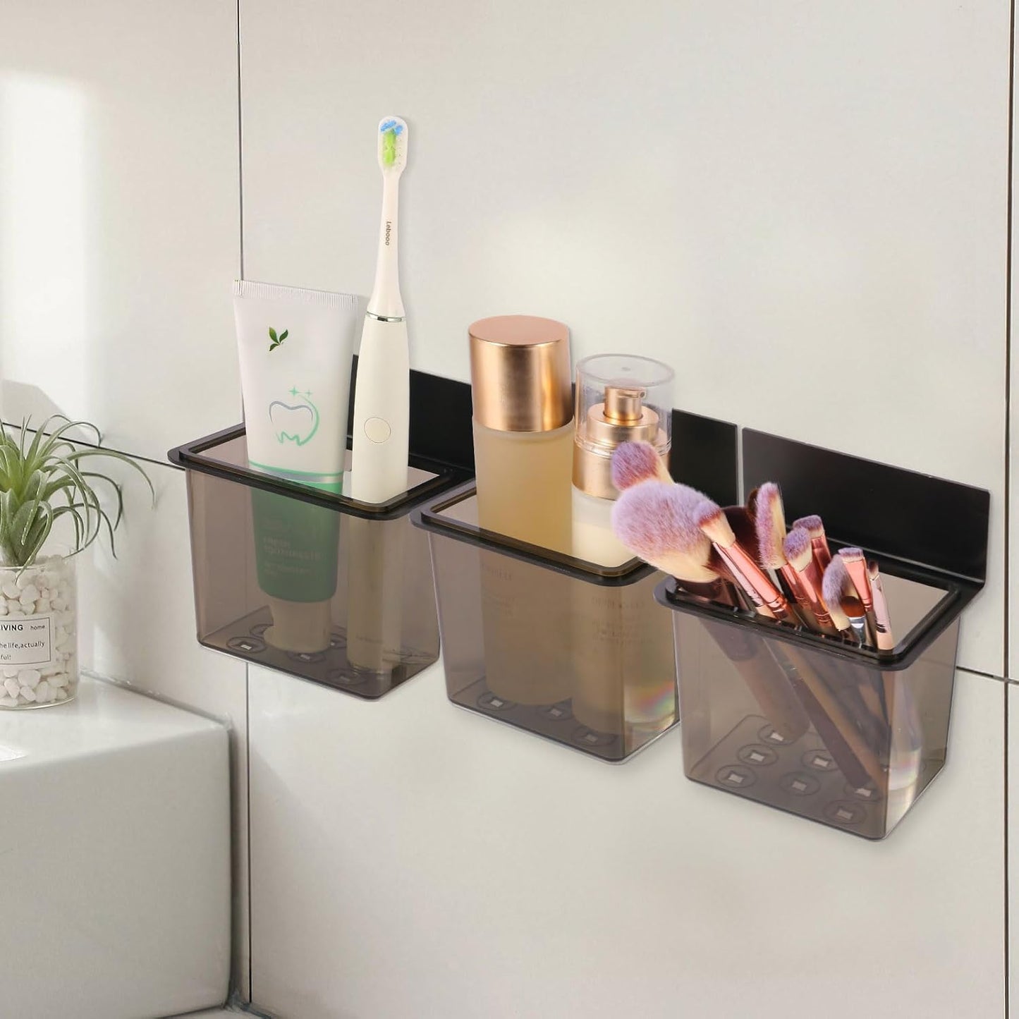 3 Pack Modern Black Metal Clear Plastic Toothbrush Holders,Toothpaste Holder Set - Kids & Adults with Wall-Mounted Metal Bathroom Organizer Set for Bathroom-Velvo Beauty