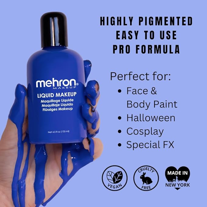 Mehron Makeup Liquid Makeup | Face Paint and Body Paint Perfect for Halloween, Cosplay I Air Brush Compatible 4.5 oz (133 ml) (Blue)-Velvo Beauty