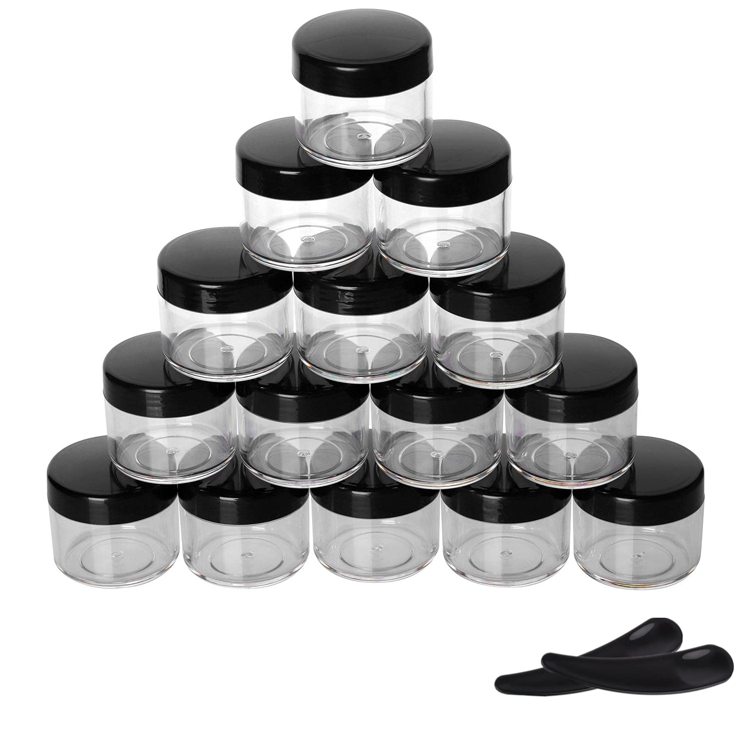 Refillable Cosmetic Sample Jars - 100 Pack 15g (0.5oz) Black Small Travel Containers with Lids + 10 Mini Makeup Spatulas - BPA Free-Velvo Beauty