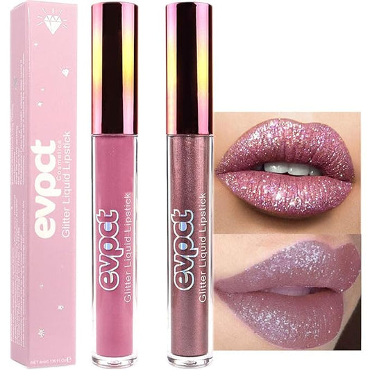 evpct 2Pcs Mauve & Taupe Mauve Glitter Metallic Shimmer Diamond Lipstick Lip Gloss Stain Set for Women Long Lasting Waterproof, Purple Sparkle Glitter Matte long Wear Liquid Lipstick Lip Makeup Kit-Velvo Beauty
