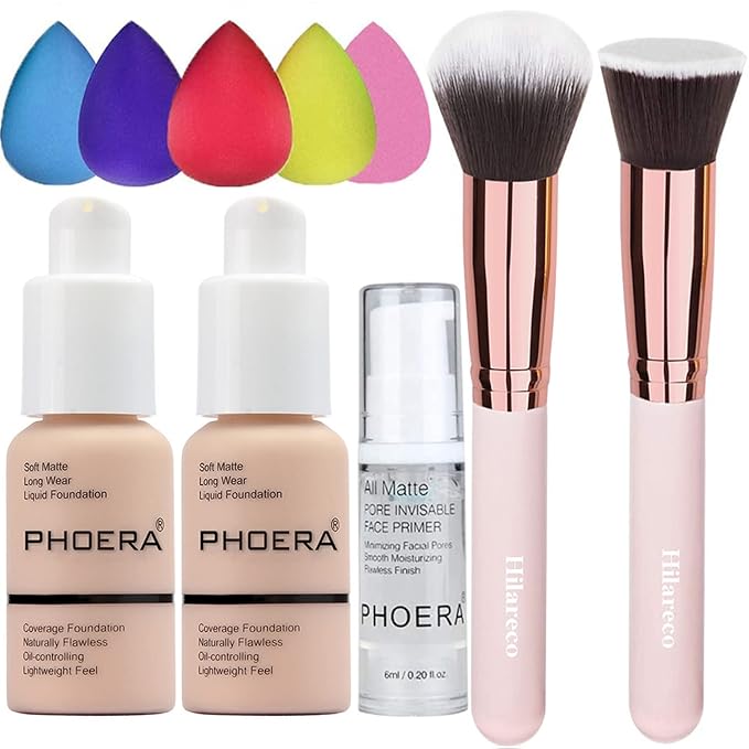 PHOERA Foundation Makeup for Wome Full Coverage Foundation Set,Face Primer Foundation Brush Powder Brush,5 Makeup Sponge,30ml PHOERA 24HR Matte Oil Control Concealer (2 PCS 101 Porcelain)-Velvo Beauty