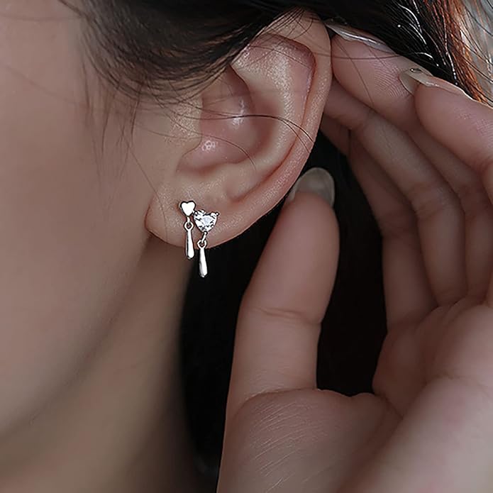 Vintage Crystal Heart Drop Earrings Silver Cz Teardrop Earrings Rhinestone Love Heart Stud Earrings Sparkly Tiny Heart Earrings Jewelry for Women-Velvo Beauty
