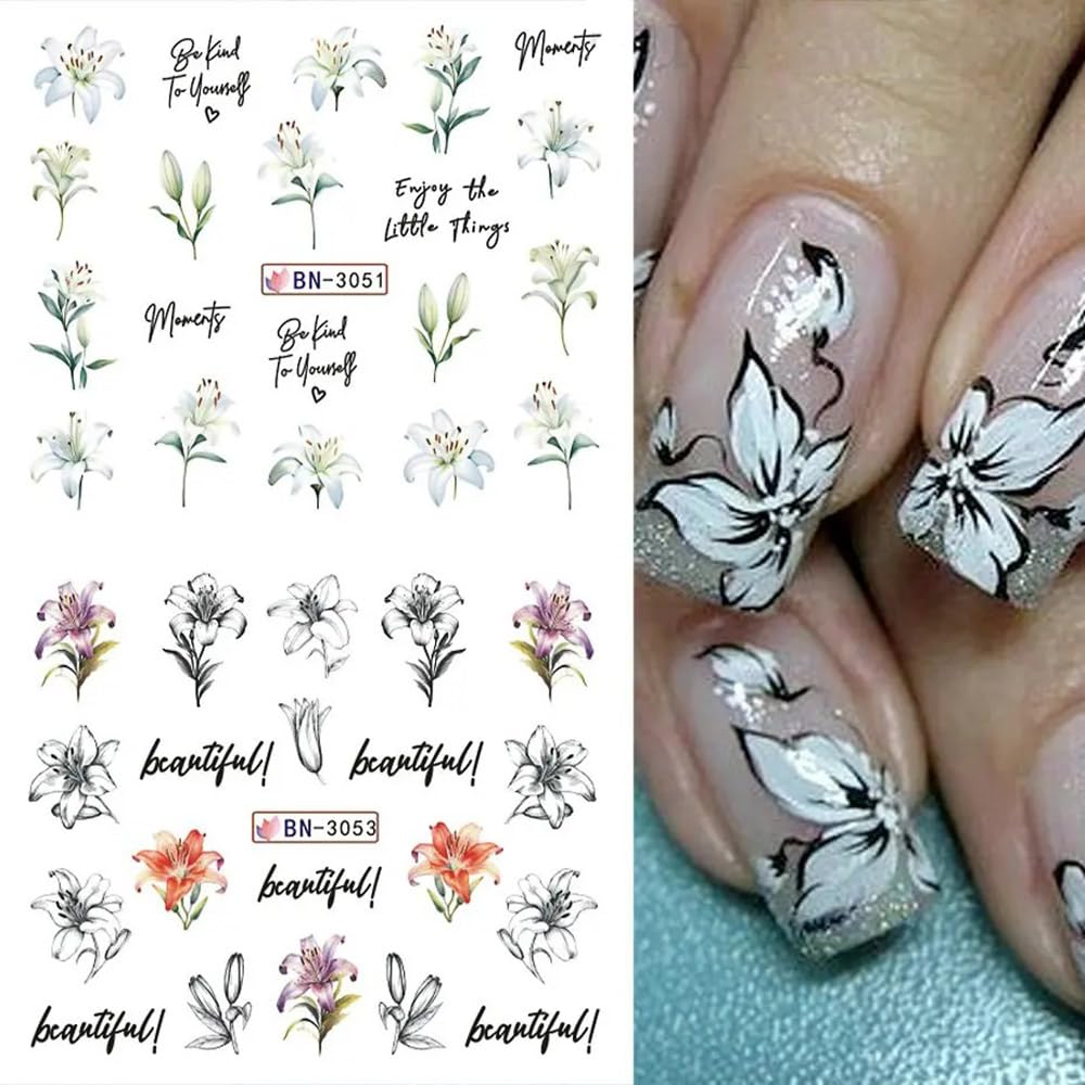 12 Designs Flower Nail Art Stickers - Lily Acrylic Decals for Spring Summer Decorations - Colorful Assorted Floral Water Transfer Slider Foil Sticker for Women-Velvo Beauty