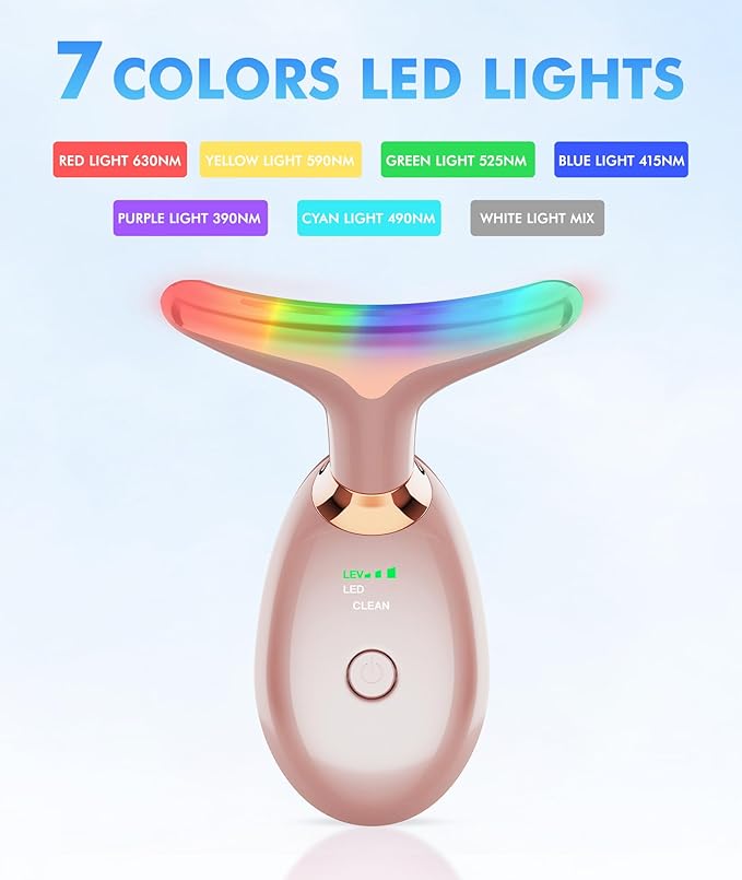 Red Light Therapy for Face and Neck, 7 Color Face Massager Tool for Wrinkles, Double Chin, Vibrating Facial Massager with Thermals for Skin Care, Rose Gold-Velvo Beauty