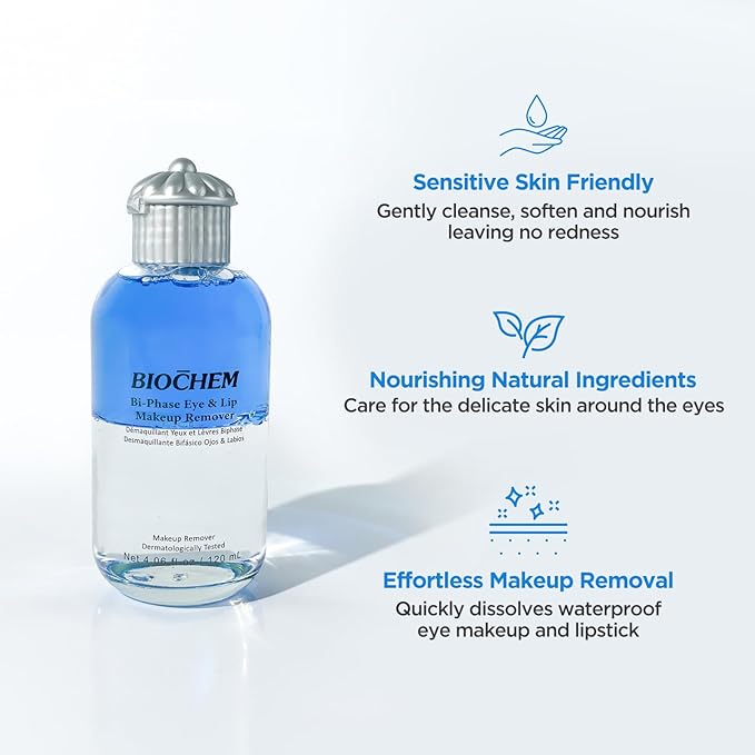 BIOCHEM Bi-Phase Eye & Lip Heavy Makeup Remover, Waterproof Mascara Remover, Gentle Cleanser liquid for Makeup with Natural Ingredients for Sensitive, Normal Skin Types (4.06 fl. oz / 120 ml)-Velvo Beauty