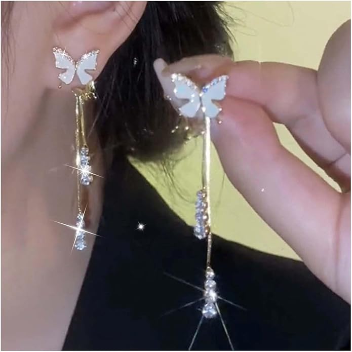 Vintage Crystal Butterfly Earrings Long Rhinestone Dangle Earrings Gold Chain Tassel Earrings Cz Butterfly Stud Earrings Jewelry for Women-Velvo Beauty