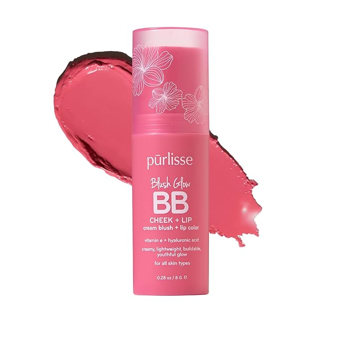 pürlisse Blush Glow BB Lip and Cheek Tint - Hydrating & Buildable 2-in-1 Cream Blush Stick for Cheeks & Lips - Formulated with Nourishing Vitamin E & Hyaluronic Acid - Pink Crush (.28 oz)-Velvo Beauty