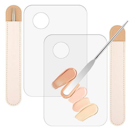 WXJ13 6 Pieces Makeup Spatula and Palette Set Including 2 Stainless Steel Makeup Spatula 2 Leather Cover 2 Makeup Mixing Palette for Eye Shadow/Eyelash/Nail Art/Foundation-Velvo Beauty