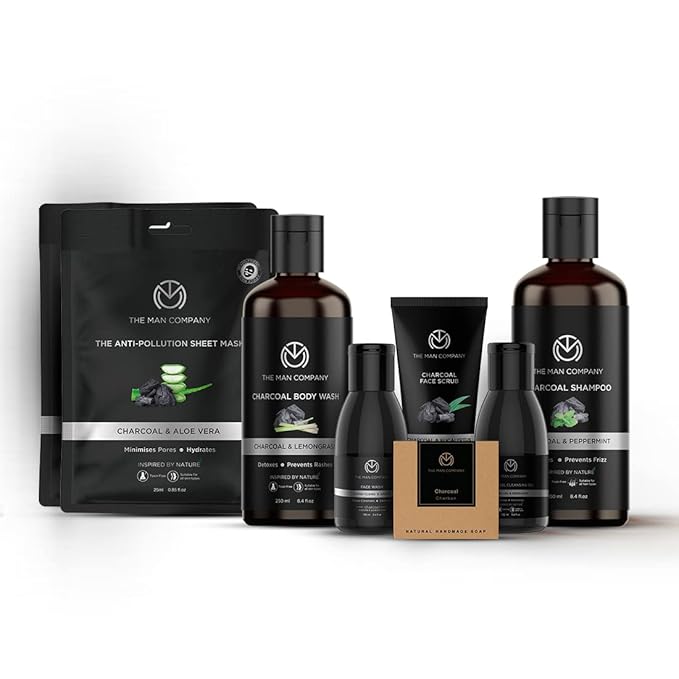 The Man Company Ultimate Charcoal Detan Kit with Elegant Gift Box | Charcoal Body wash, Shampoo, Face Scrub, Face wash, Charcoal Soap, Cleansing gel, Charcoal Sheet mask*2 (Set of 8)-Velvo Beauty
