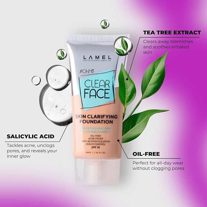 Lamel- Oh my Clear Face Foundation-405 Buff Beige | Contains tea tree extract and salicylic acid |Controls sebum production |Anti-blemish formula |Oil free foundation | 40ml-Velvo Beauty
