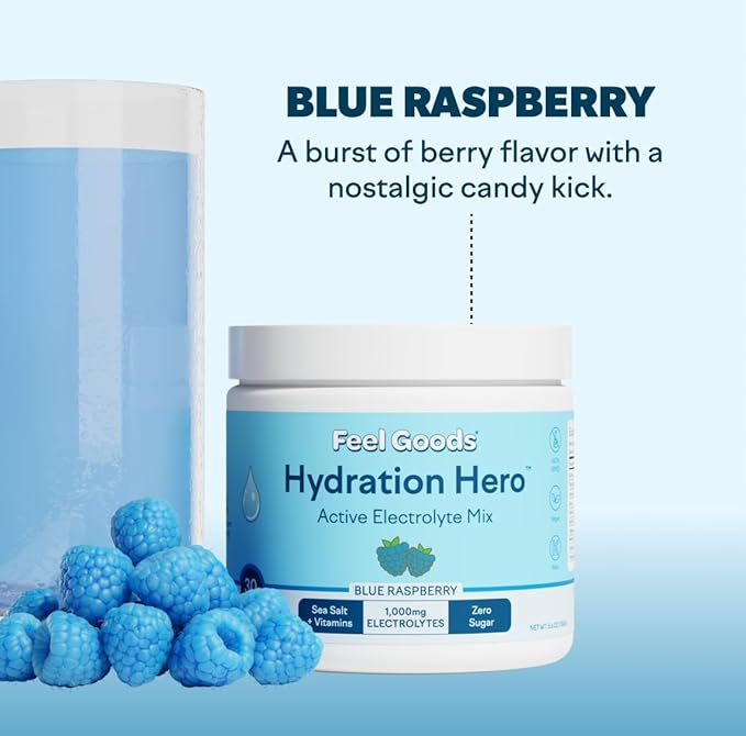 Feel Goods Hydration Hero, 1,000mg Electrolytes Powder, Sugar Free, Magnesium, Organic Aloe Vera, L Theanine, Vitamin C, B12, Keto, Vegan, Plant Based, Blue Raspberry, 30 Servings-Velvo Beauty