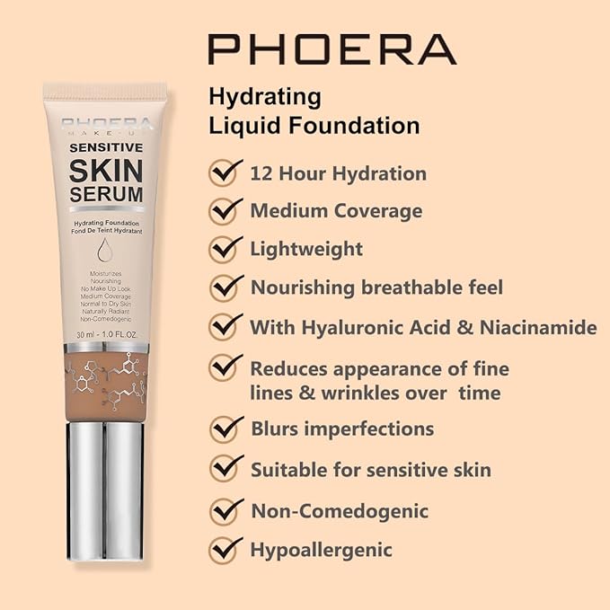PHOERA Hydrating Serum Foundation,Hypoallergenic Flawless Soft Full Coverage Hydrating Foundation.(N03 Buff Beige)-Velvo Beauty