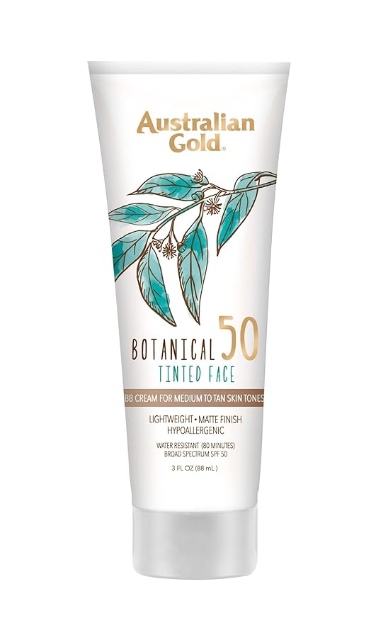 Australian Gold Botanical SPF 50 Tinted Mineral Sunscreen for Face, Non-Chemical BB Cream, Water-Resistant, Matte Finish, For Sensitive Facial Skin, Medium to Tan Skin Tones, 3 FL Oz-Velvo Beauty