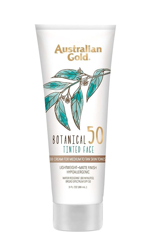 Australian Gold Botanical SPF 50 Tinted Mineral Sunscreen for Face, Non-Chemical BB Cream, Water-Resistant, Matte Finish, For Sensitive Facial Skin, Medium to Tan Skin Tones, 3 FL Oz-Velvo Beauty