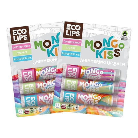 Mongo Kiss Shimmering Lip Balms (6 tubes, 2 packs) by Eco Lips 100% Natural Lip Balms featuring Organic Mongongo Oil, Cotton Candy, Sherbet and Blueberry Pie flavors - Made in USA.-Velvo Beauty