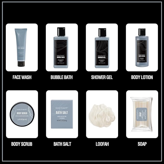 Gift Baskets for Men Body Wash Set Body & Earth Leathers Mens Bath Set with Body Lotion, Face Wash, Shower Gel, Bubble Bath, Loofah & More, Birthday Gifts for Men,regalos para hombre,Christmas Gifts-Velvo Beauty