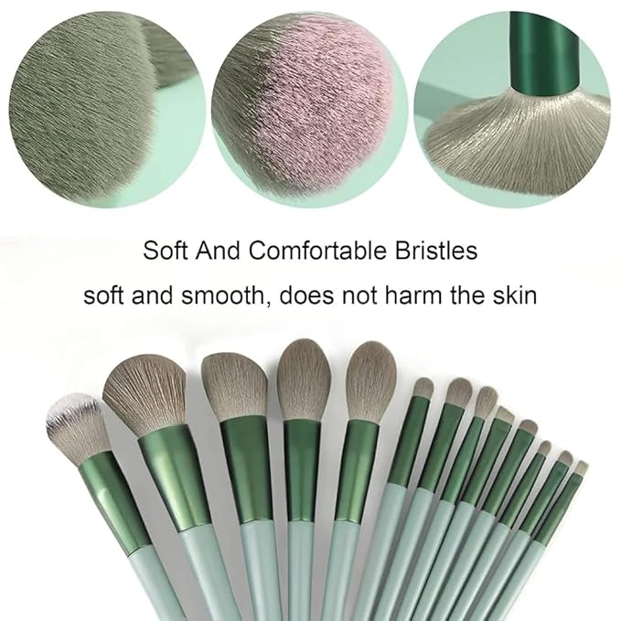 Foundation Makeup Brush Set Kit | 13 Pcs Premium Synthetic Kabuki Eye Shadows Make Up Brushes + 1 Sponge + 1 Brush Bag for Travel and Home Use (GREEN)-Velvo Beauty