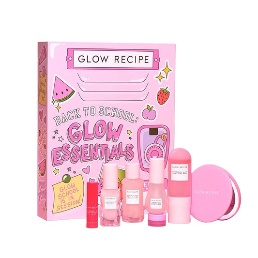 Glow Recipe Back to School Essentials Korean Skin Care Set - Watermelon Fine Mist, Dew Drops, PHA Facial Toner, Pink Juice Moisturizer, Strawberry Blur Drops, Glossy Balm & Compact Mirror (7 Count)-Velvo Beauty