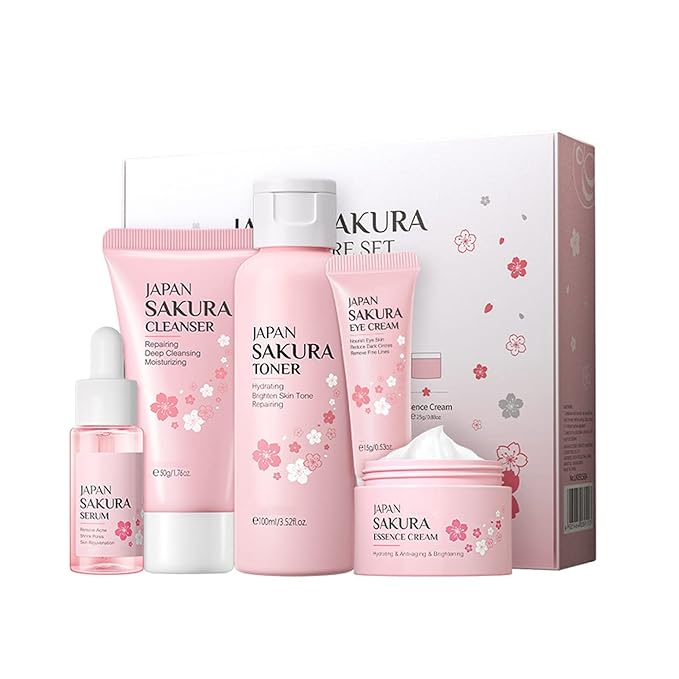 Skin Care Set - Women Gift Sets - Sakura Skin Care Sets & Kits - Gift Set with Cleanser,Toner,Serum,Eye Cream,essence Serum - Beauty Products For Women (SetC)-Velvo Beauty