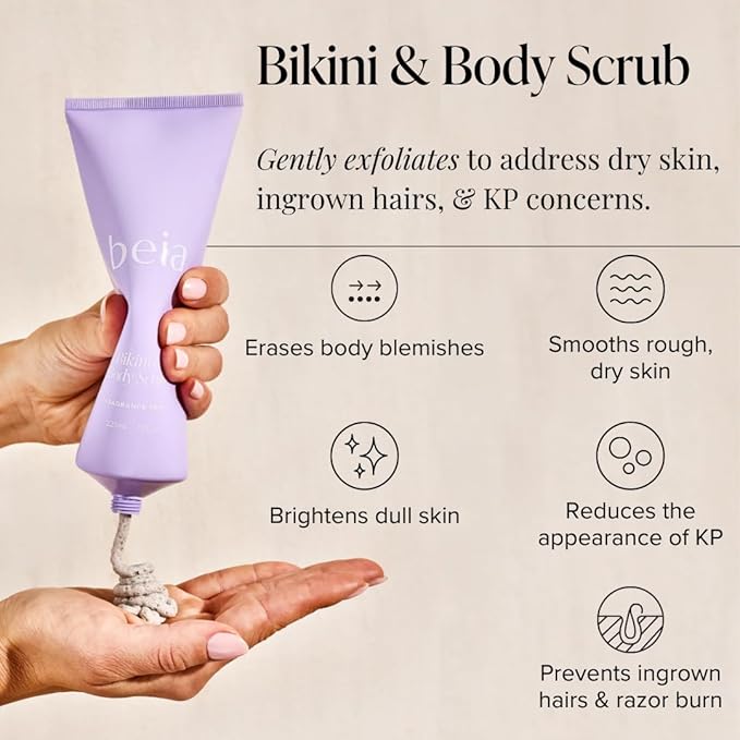 Beia Bikini & Body Scrub - Gentle Exfoliating Body Scrub with Glycolic Acid & Rice Extract - Fights Ingrown Hairs KP Bumps & Dry Skin - Hydrating & Soothing for Sensitive Skin 7.6 Oz-Velvo Beauty