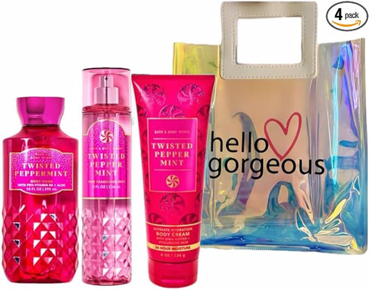 Bath & Body Works - 3 Piece Bundle - Spray - Body Cream - Shower Gel - Full Size and Gift Bag HELLO GORGEOUS (Twisted Peppermint)-Velvo Beauty