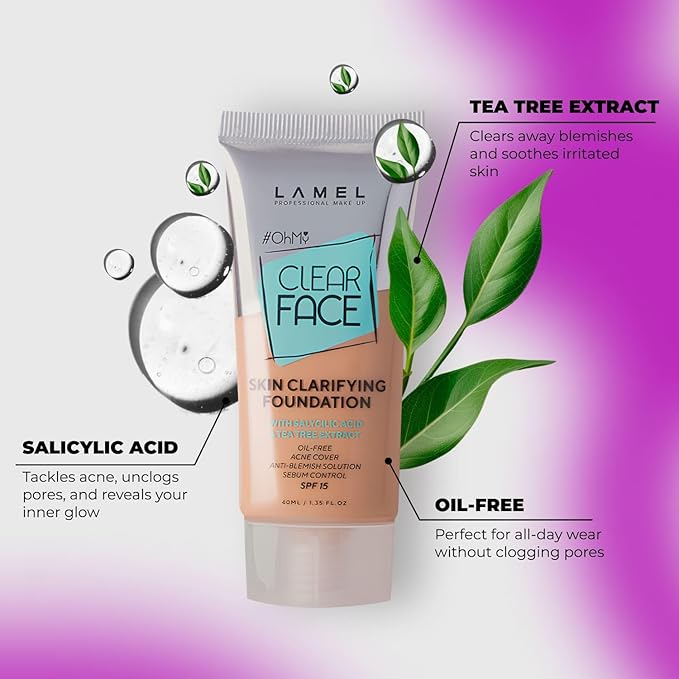 Lamel- Oh my Clear Face Foundation-406 Sand | Contains tea tree extract and salicylic acid |Controls sebum production |Anti-blemish formula |Oil free foundation | 40ml-Velvo Beauty