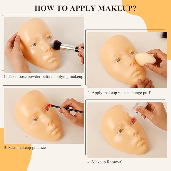 Makeup Practice Face, Eye Makeup Practice Head Silicone, Makeup Practice Accessories Set with Face Painting Mannequin Head, Makeup Brushes, Face Painting and Eyebrow Pen, Makeup Practice Gift, Yellow-Velvo Beauty