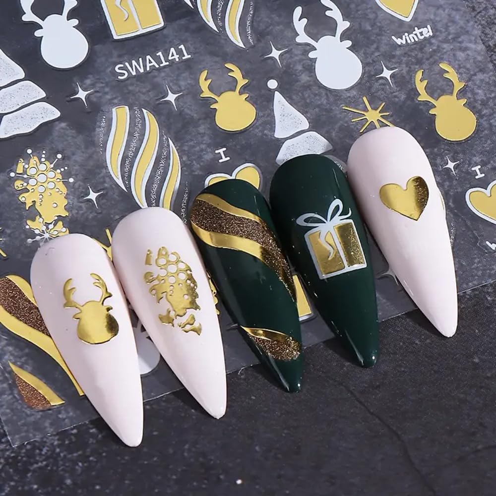 2PCS Christmas Nail Art Stickers, Winter Snowflake Reindeer Nail Stickers Christmas Gift Heart Pattern Self-Adhesive Nail Decals, DIY Nails Art Decoration, Festive Nails Supplies, Xmas Nails Charms-Velvo Beauty