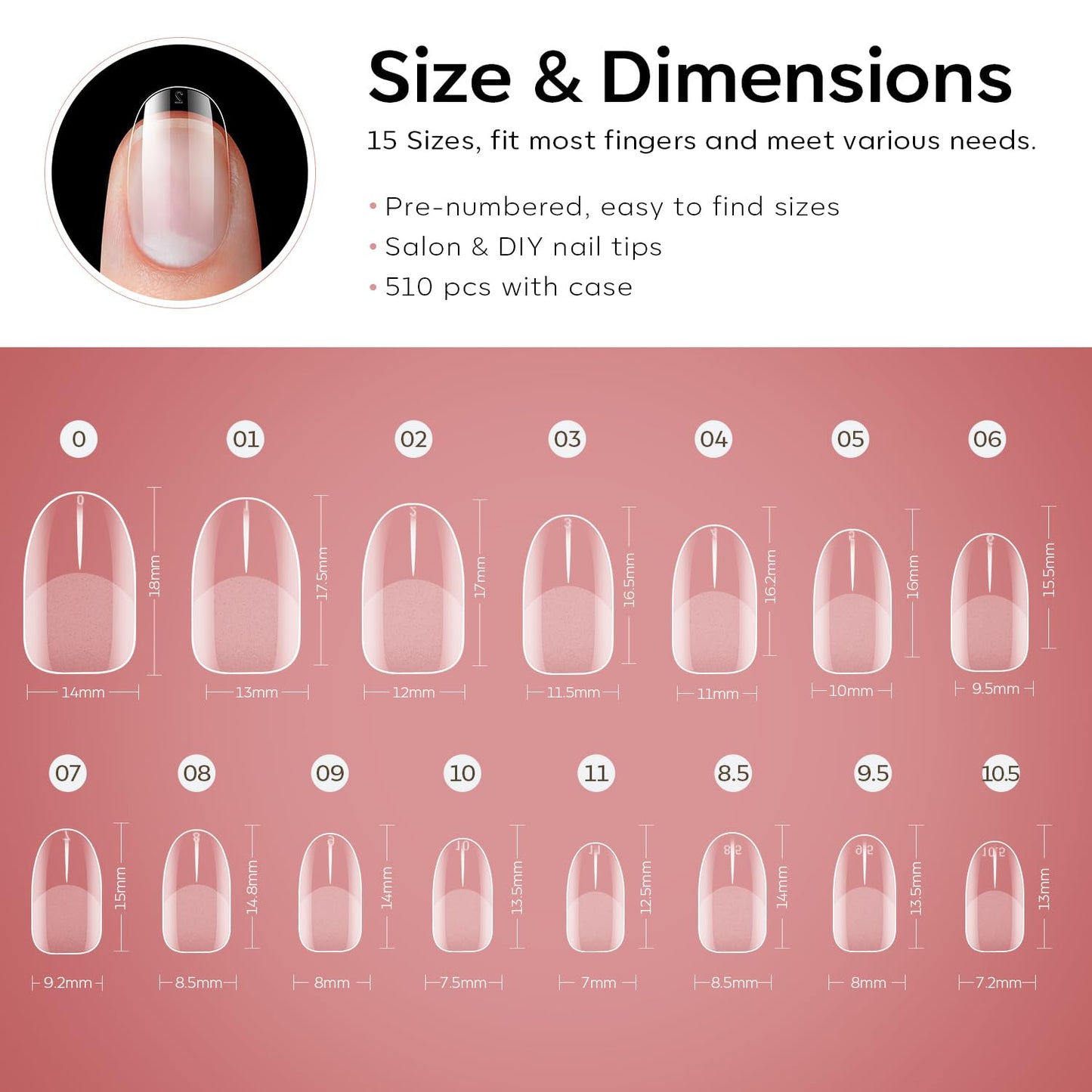 Modelones Extra Short Oval Round Nail Tips - 510Pcs Soft Fake Nails Tips Gel Pre-shaped Half Matte Full Cover No Filed False Extension Manicure Salon DIY at Home 15 Sizes-Velvo Beauty