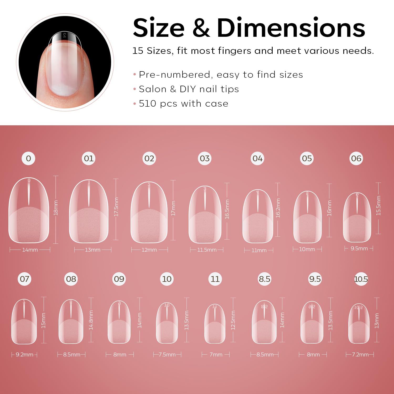Modelones Extra Short Oval Round Nail Tips - 510Pcs Soft Fake Nails Tips Gel Pre-shaped Half Matte Full Cover No Filed False Extension Manicure Salon DIY at Home 15 Sizes-Velvo Beauty