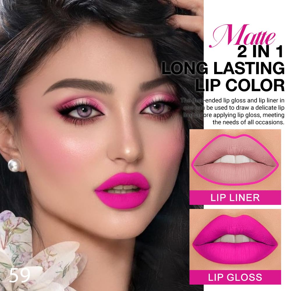 evpct 1Pcs Hot Pink Matte Lip Liner & Liquid Lipstick Stain Makeup Set for Women, Hot Pink Lip Liner Stain Long Lasting Waterproof Smudge Proof, Cruelty Free Lip Stick Makeup 24 hours originales, 59-Velvo Beauty