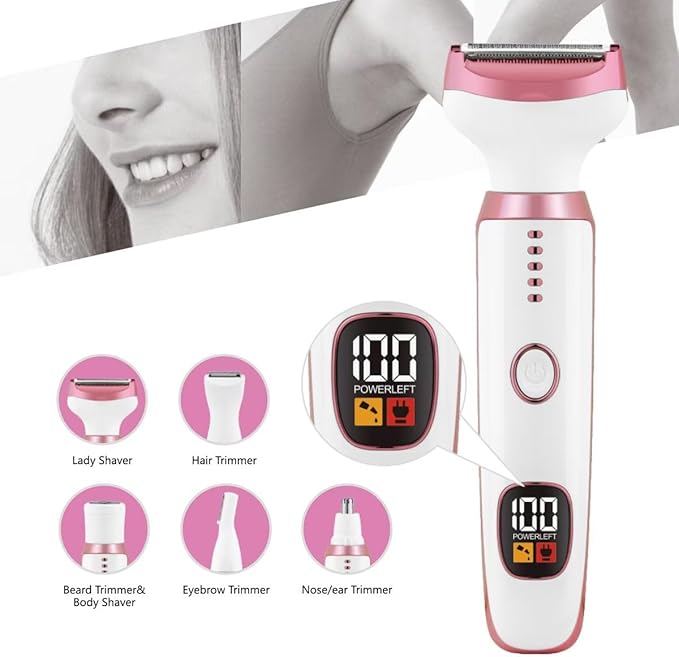 RUIM Bikini Trimmer for Women, 5 in 1 Electric Razors for Shaving, Waterproof Rechargeable Pubic Hair Trimmer with LED Display, Pink-Velvo Beauty