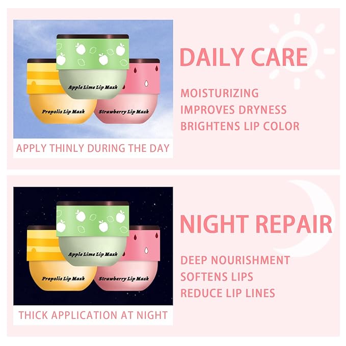 3 Pcs Bee Lip Balm Honey Pot, Honey Strawberry Apple Lip Mask Overnight, Moisturizing Lip Sleeping Mask, Hydrate Repair Prevent Dry Cracked Lip Exfoliator Lip Care (Honey+Strawberry+Apple Lime)-Velvo Beauty