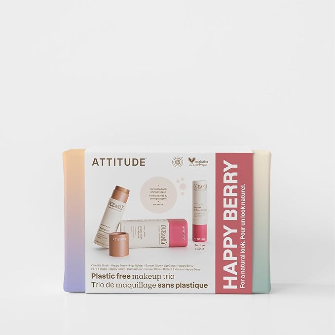 ATTITUDE Happy Berry Makeup Trio Set, EWG Verified, Titanium Dioxide-Free, Plastic-free, Plant and Mineral-Based Ingredients, Vegan and Cruelty-free Beauty Products, Set of 3 Makeup Sticks-Velvo Beauty