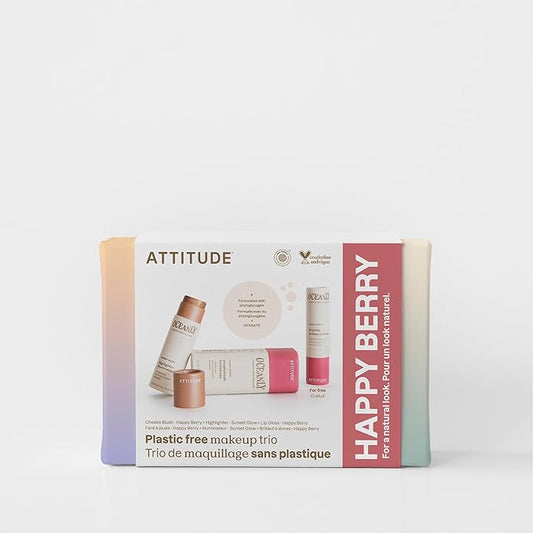ATTITUDE Happy Berry Makeup Trio Set, EWG Verified, Titanium Dioxide-Free, Plastic-free, Plant and Mineral-Based Ingredients, Vegan and Cruelty-free Beauty Products, Set of 3 Makeup Sticks-Velvo Beauty