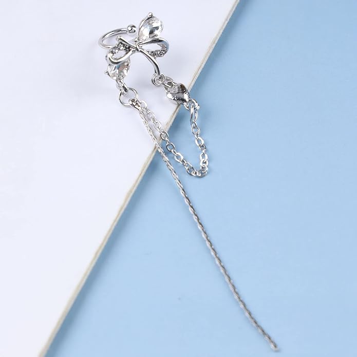 Vintage Crystal Bow Ear Cuff Earrings Rhinestone Bow Cuff Earrings Silver Long Chain Tassel Earrings Cz Chain Dangle Earrings Jewelry for Women-Velvo Beauty