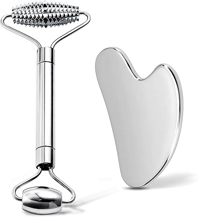 Gua Sha Facial Tools and Face Roller Set, Lymphatic Drainage Massager，Stainless Steel Facial Sculpting Eyes Roller Guasha for Face, Chin & Jawline Sculpting,Skin Care (Stainless Steel)-Velvo Beauty