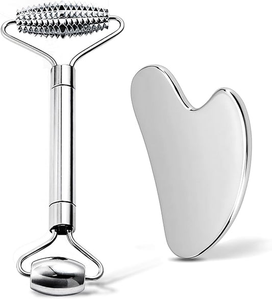 Gua Sha Facial Tools and Face Roller Set, Lymphatic Drainage Massager，Stainless Steel Facial Sculpting Eyes Roller Guasha for Face, Chin & Jawline Sculpting,Skin Care (Stainless Steel)-Velvo Beauty