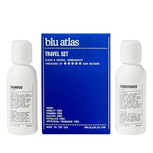 Blu Atlas Travel Size Shampoo & Conditioner Set for Men – TSA Approved, 3 oz Each – Natural, Sulfate-Free, Paraben-Free – Clean Ingredients – Classic Scent – Made in America-Velvo Beauty