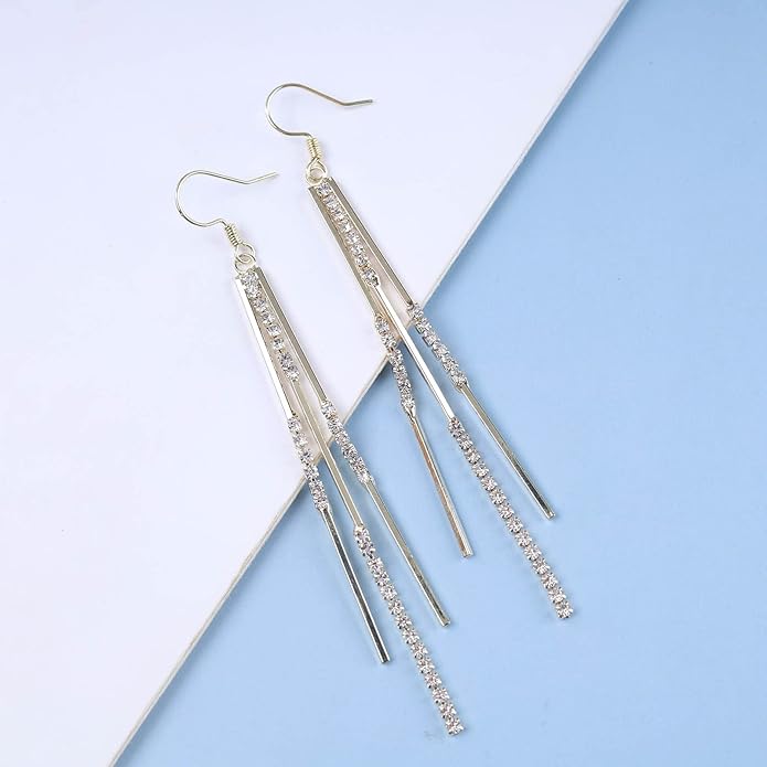 Vintage Crystal Tassel Earrings Rhinestone Bar Drop Earrings Long Rhinestone Chain Earrings Gold Cz Bar Hook Earrings Sparkle Tennis Chain Earrings Jewelry for Women-Velvo Beauty