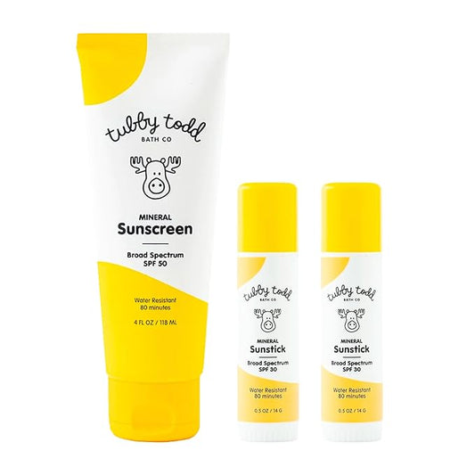 Tubby Todd Face and Body Mineral Sunscreen Kit for Baby, Toddler and Kids - Sunscreen 4 Fl Oz and Sunstick 0.5 Oz Duo Bundle - Fragrance-Free-Velvo Beauty