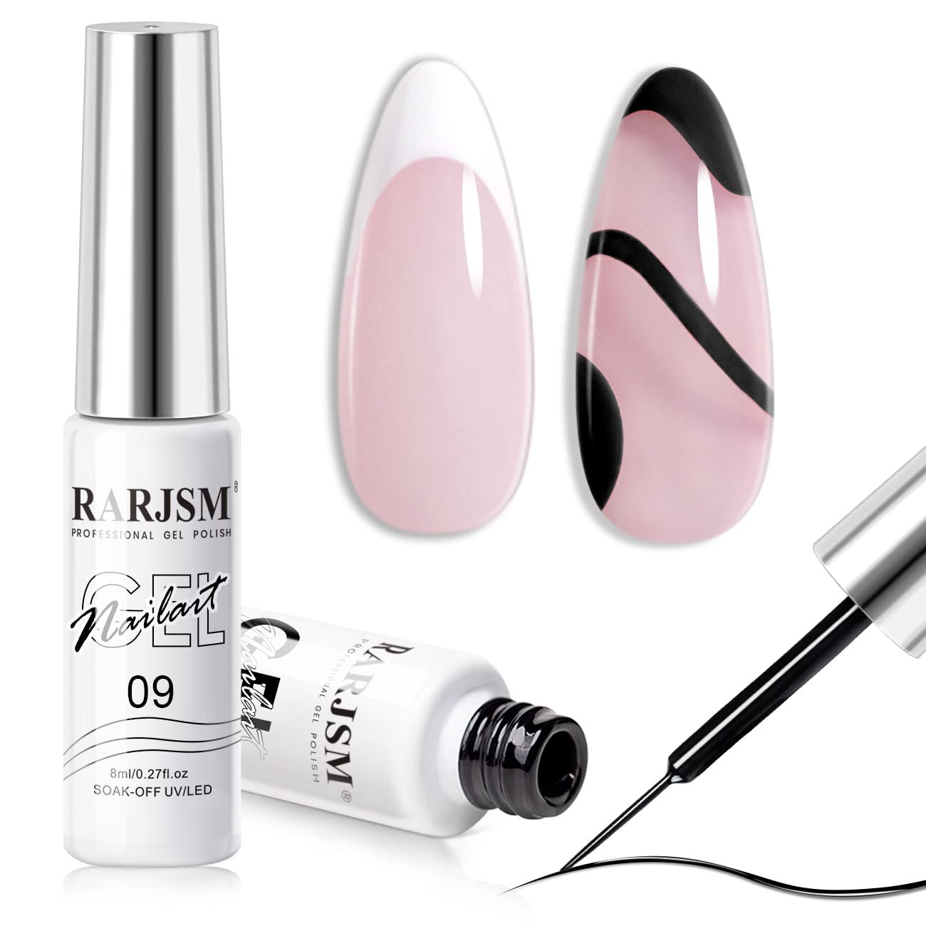 RARJSM Nail Art Gel,Liner Gel Polish,Black White Nail Design Polish Painted GelNailPolish Set 2Pcs Soak off Curing Requires 8ml Build in Thin Brush for Home Salon Diy Nails French Manicure Painting-Velvo Beauty